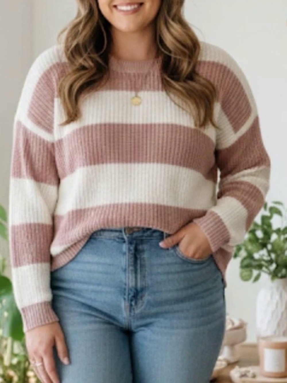 torrid Pink and Cream Wide Stripe Crewneck Sweater